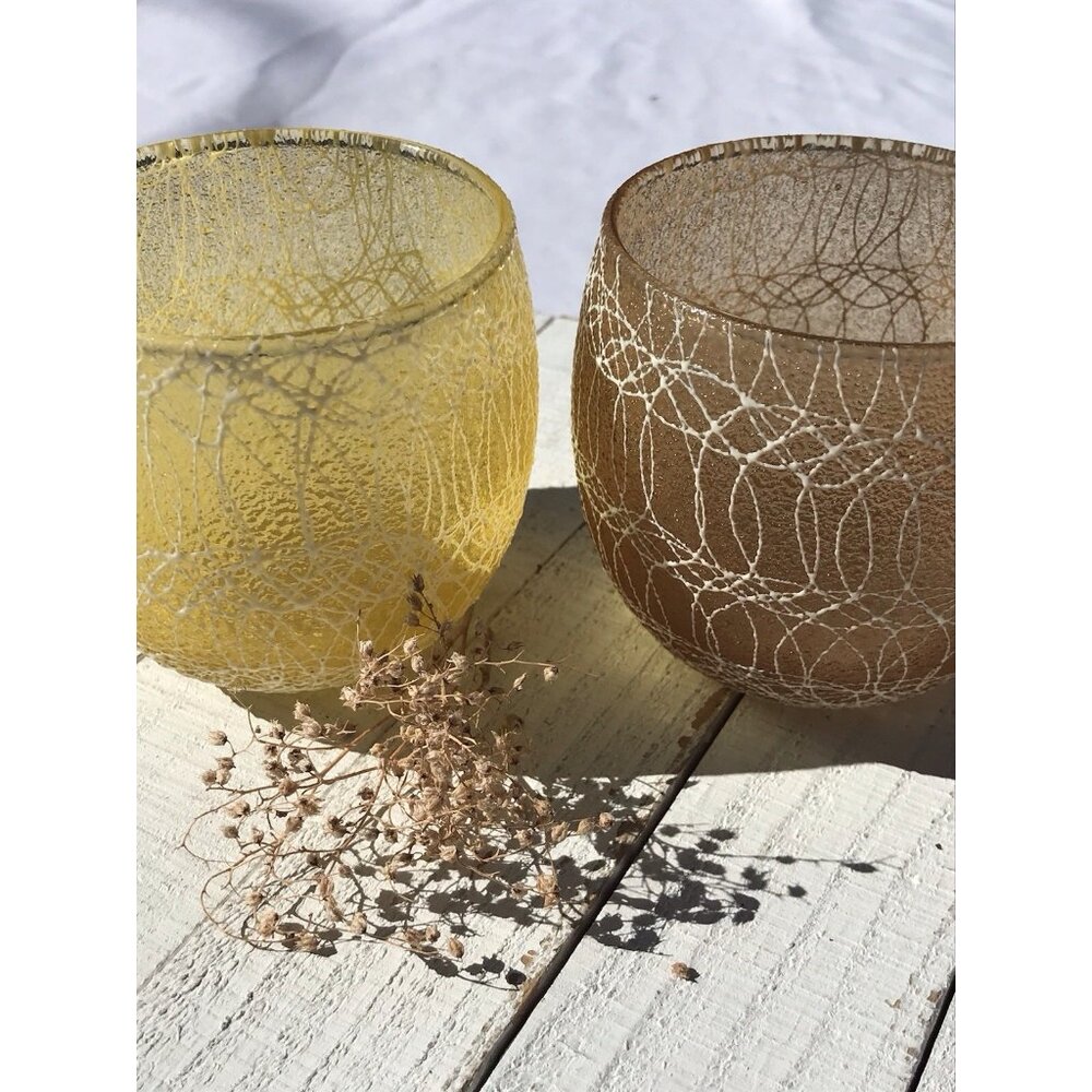 Vtg 50s 60s MCM Yellow Brown Spaghetti String Roly Poly Glasses Goblets Set 2
